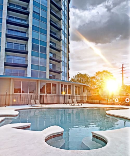 Resort-style pool at The View Tower Apartments, Shreveport, Louisiana