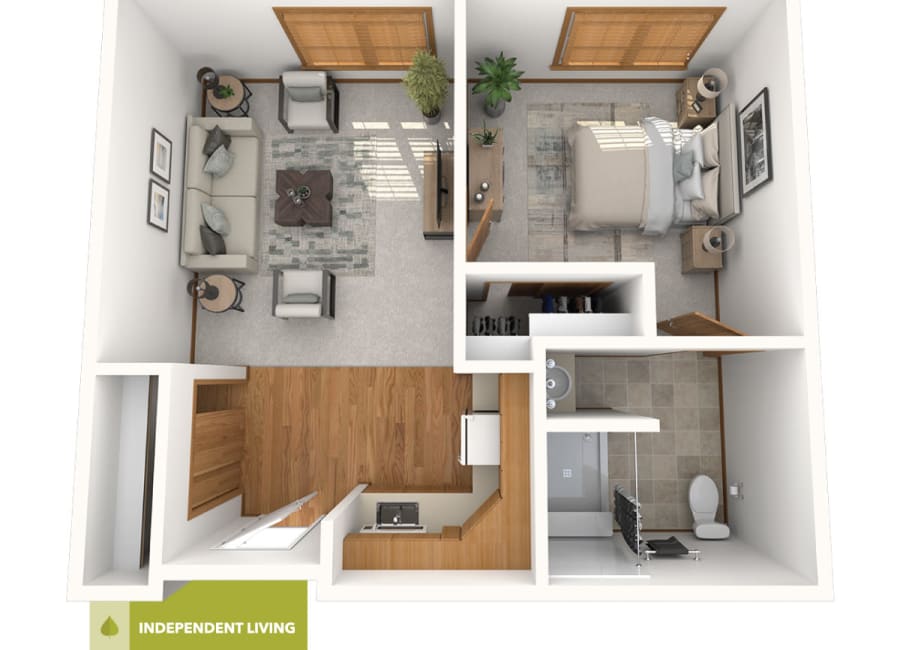 1 bedroom independent living floor plan at Oxford Vista Wichita in Wichita, Kansas