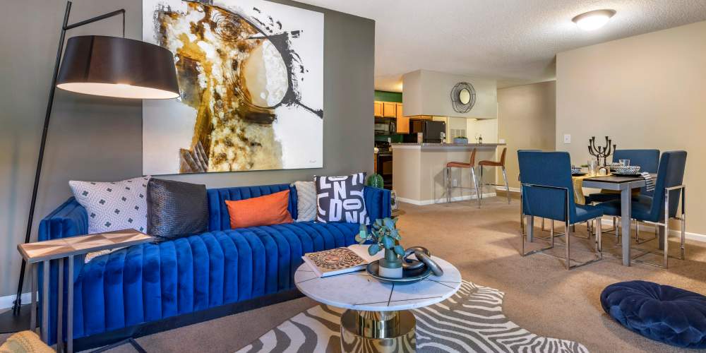 A model apartment living room at Avenue at Harbison in Columbia, South Carolina