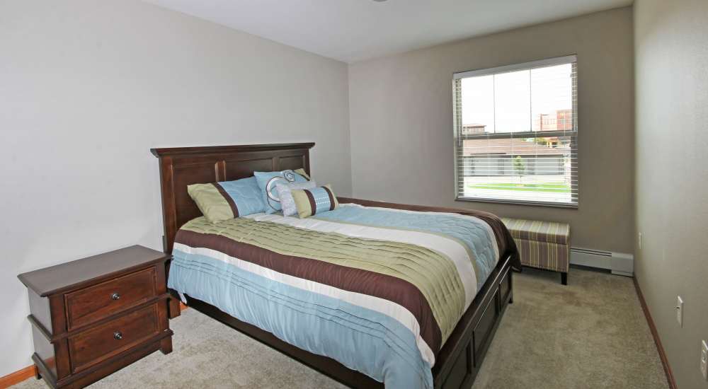 Bedroom with a comfortable bed, side storage racks at Parkview East in Ramsey, Minnesota
