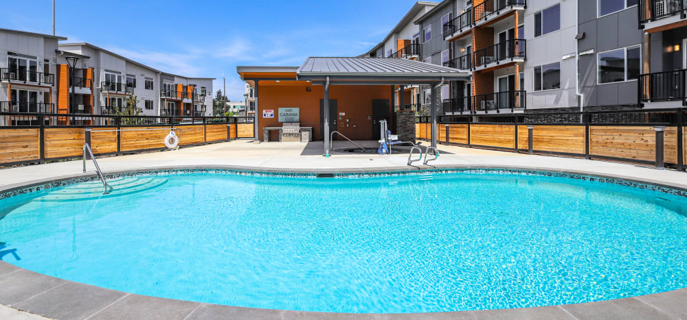 A view of the swimming pool with hand-rails at Allegro in Lynnwood, Washington 