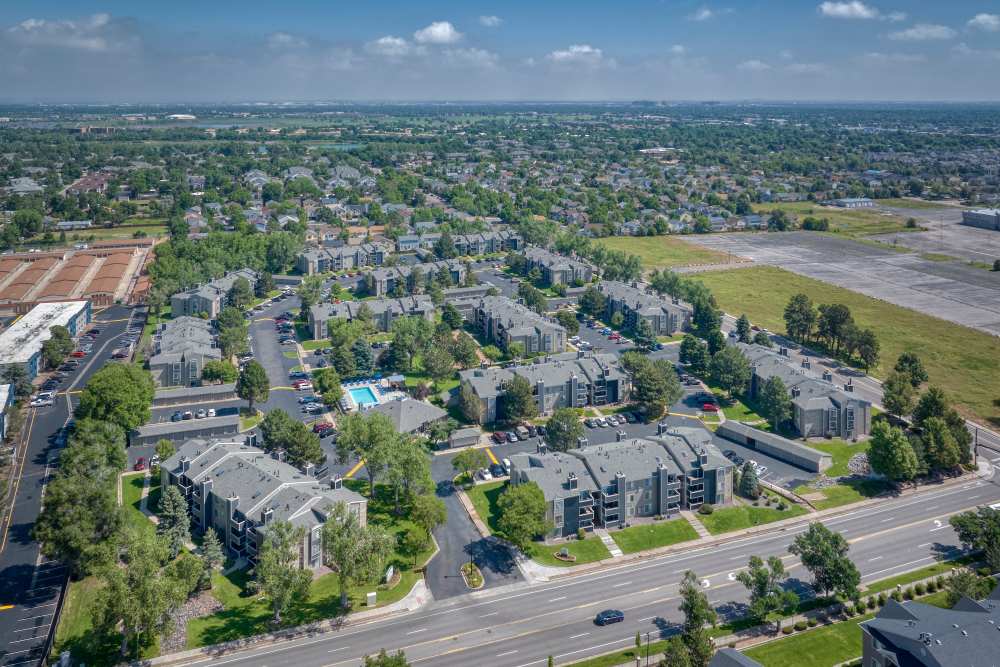 A view from the sky of Alton Green Apartments in Denver, Colorado