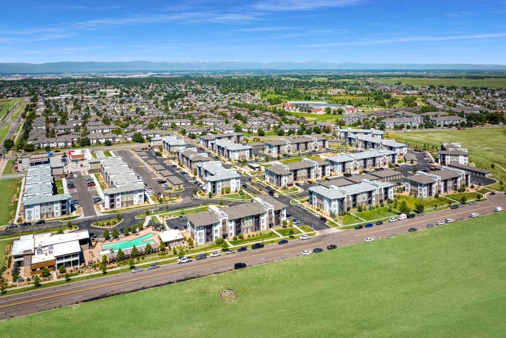 Aerial view of the neighborhood  at Strata Apartments in Denver, Colorado