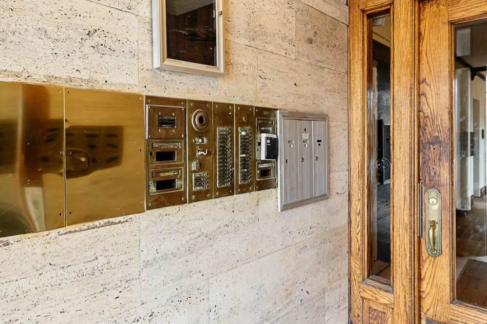 Entrance to the building at Detroit Living in Detroit, 