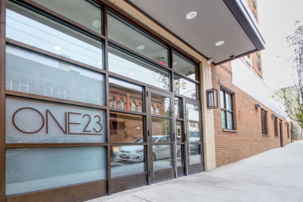 Front entrance at ONE23 Apartments in Union City, New Jersey