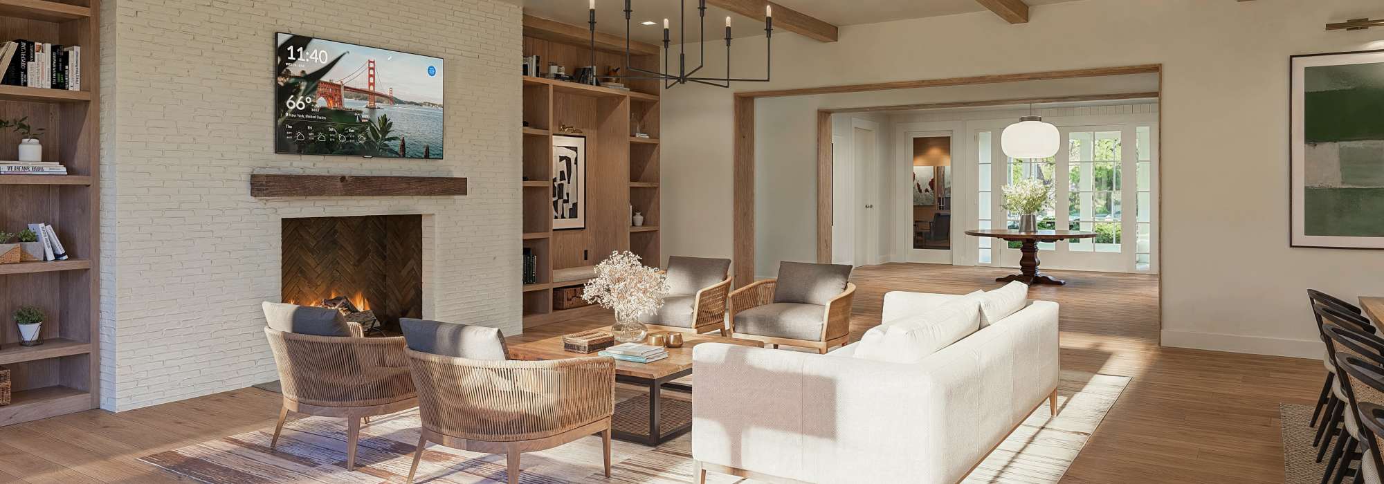 Clubhouse with fireplace and television at The Village in Stratford, Connecticut