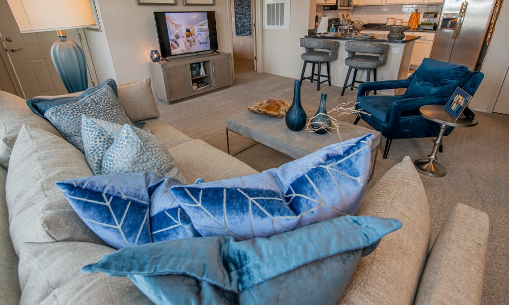 Couch with decorative pillows at Cottages at Crestview in Wichita, Kansas