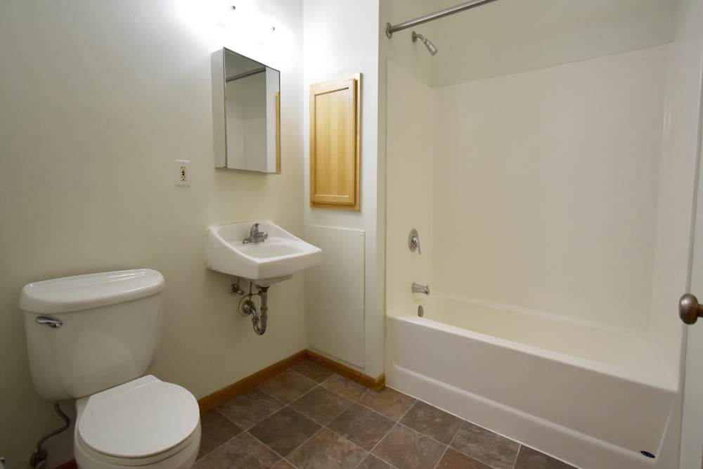 Bright bathroom with tub, sink, and modern fixtures at Bottineau Commons & Lofts in Minneapolis, Minnesota