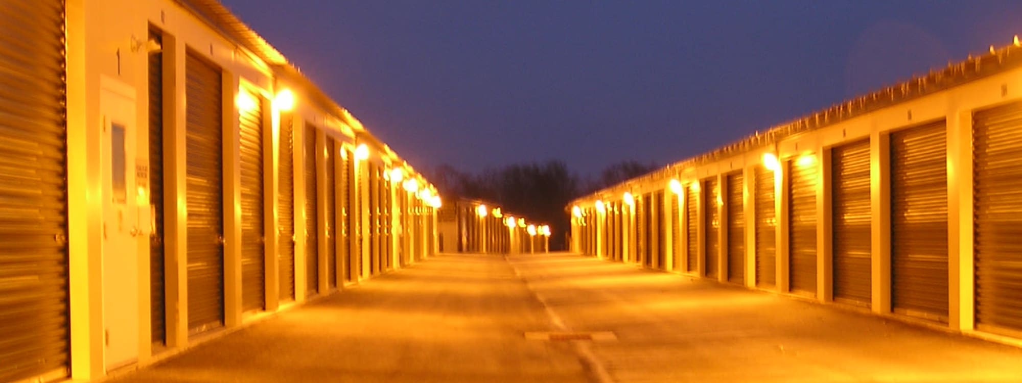 Night time image of storage units at Coventry Self Storage in Coventry, Connecticut
