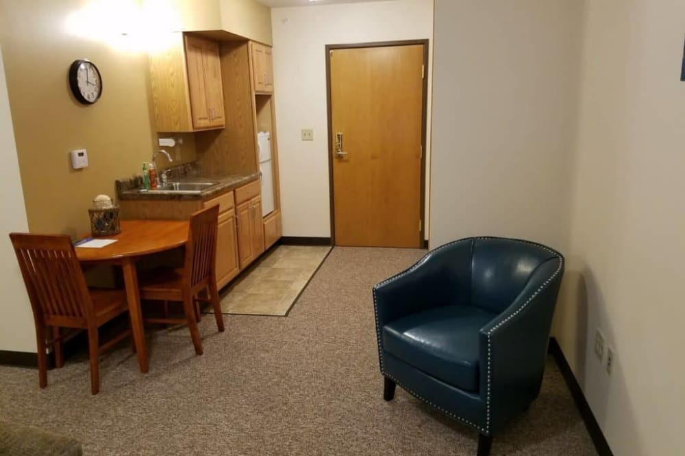 Respite care apartment with kitchenette at Manning Senior Living in Manning, Iowa.