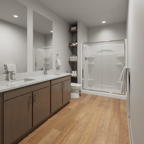 Model bathroom with granite countertops at Veridian in Cincinnati, Ohio