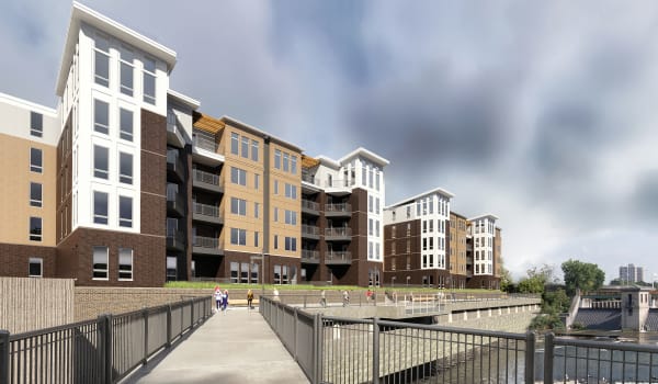 Apartments building near the river at The Nathaniel in Rochester, New York