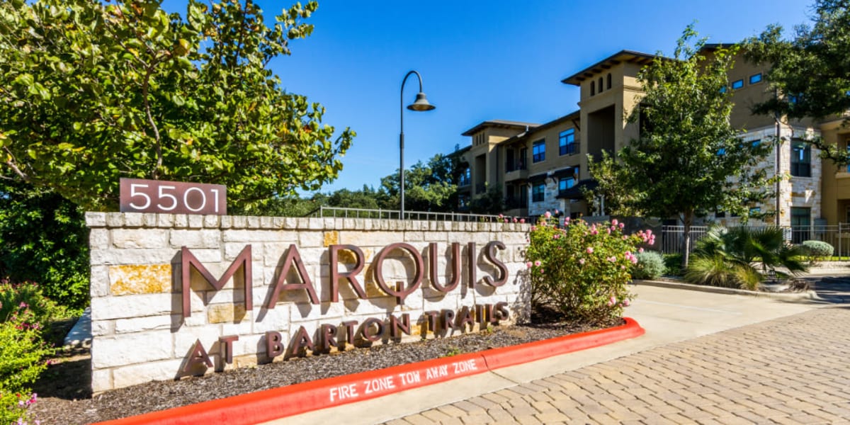 Main entrance stone sign to Marquis at Barton Trails in Austin, Texas