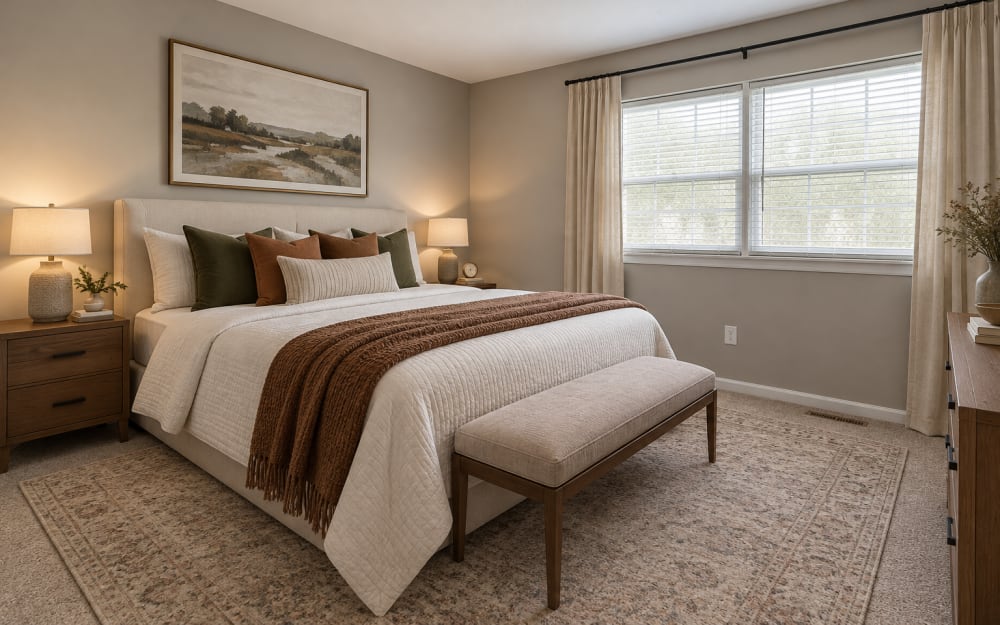 Model bedroom at Village Square Apartments & Townhomes in Glen Burnie, Maryland 
