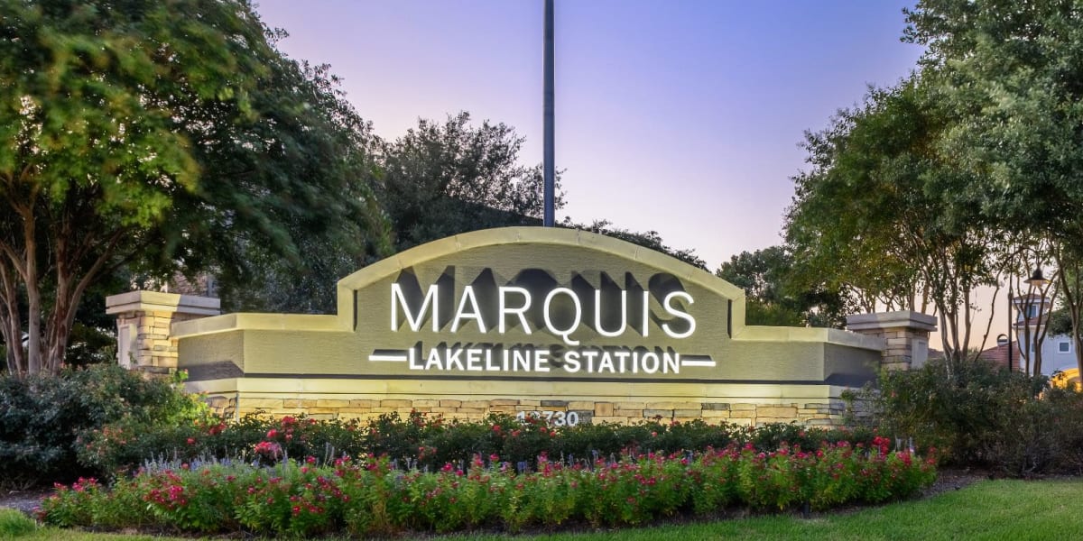 Lit Marquis Lakeline Station sign at Marquis Lakeline Station in Austin, Texas