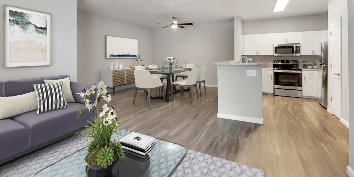 A view of kitchen, living and dining room at Natomas Park Apartments in Sacramento, California