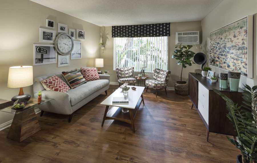 Modal living room at UCE Apartment Homes in Fullerton, California