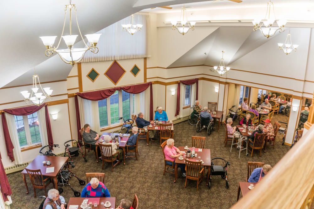 View of resident lounge from the balcony at Meadow Lakes Senior Living in Rochester, Minnesota.