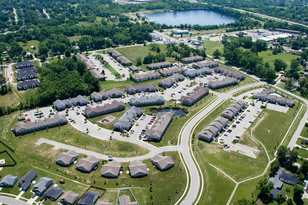 Aerial shot of the neighborhood near Falcon Crest Apartments in Louisville, Kentucky