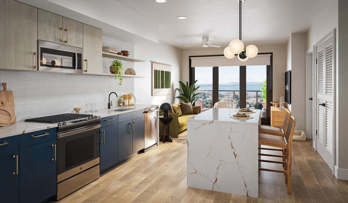 Modern kitchen with an island at Treehouse in San Diego, California