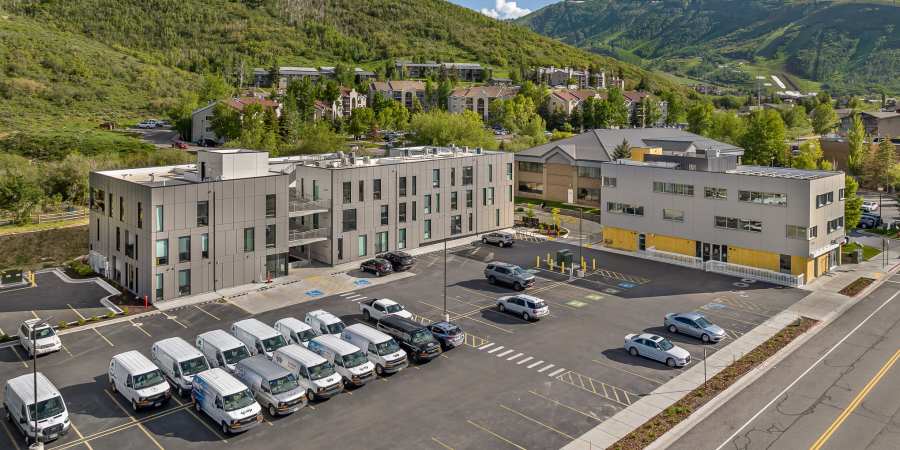 Aerial view of the building and surroundings of Ascent 1791 in Park City, Utah