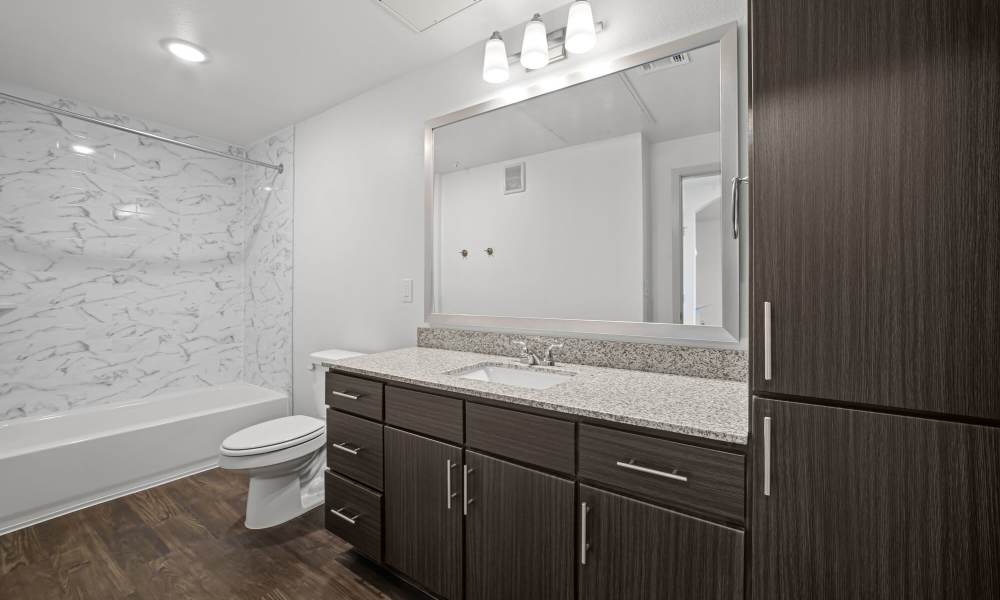 Bright bathroom with large mirror at Brook Hollow in Wichita Falls, Texas