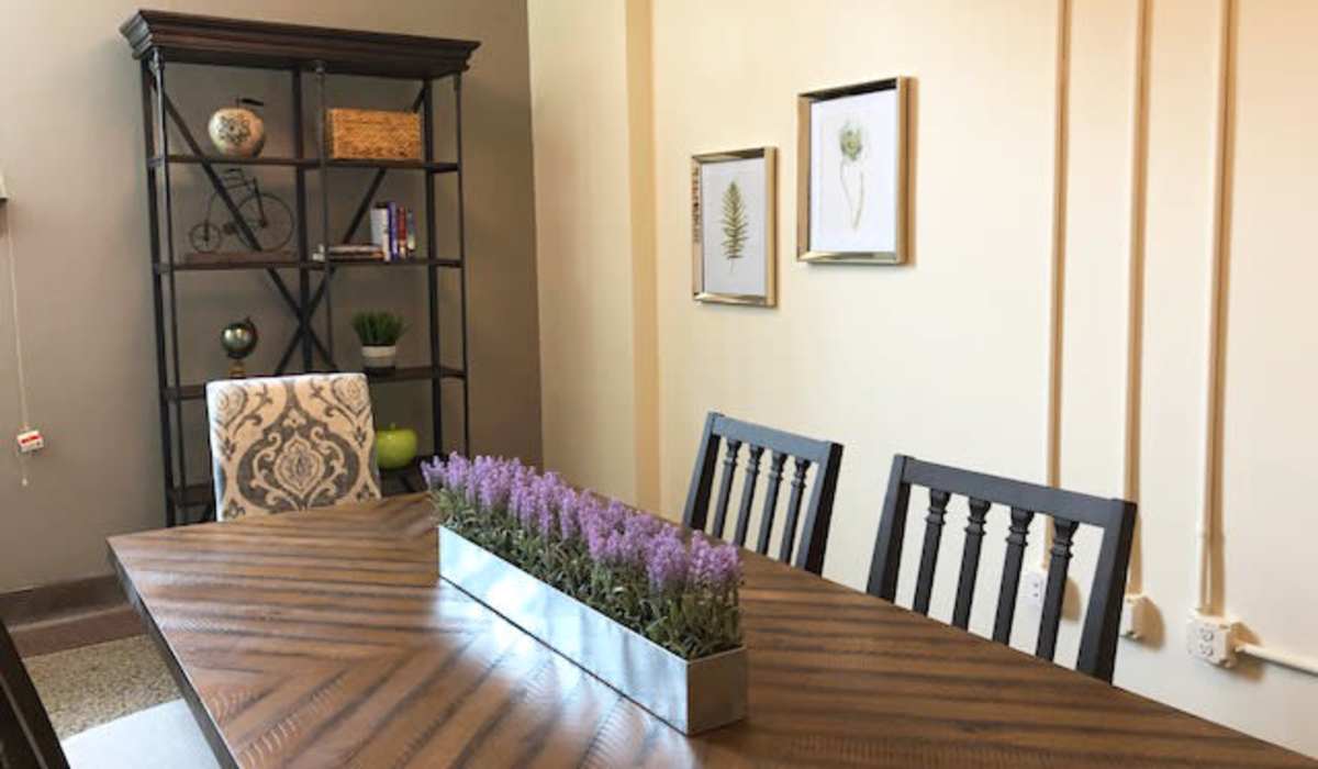 Bright community room at Lincoln House in Owosso, Michigan