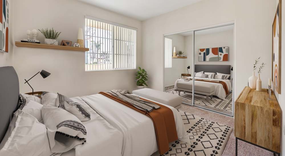 Cozy bedroom at Hancock Terrace in Santa Maria, California