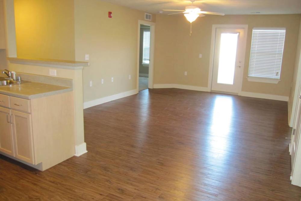 Unfurnished living room with large window and wood-style flooring at Towne Commons in Elizabethtown, Kentucky