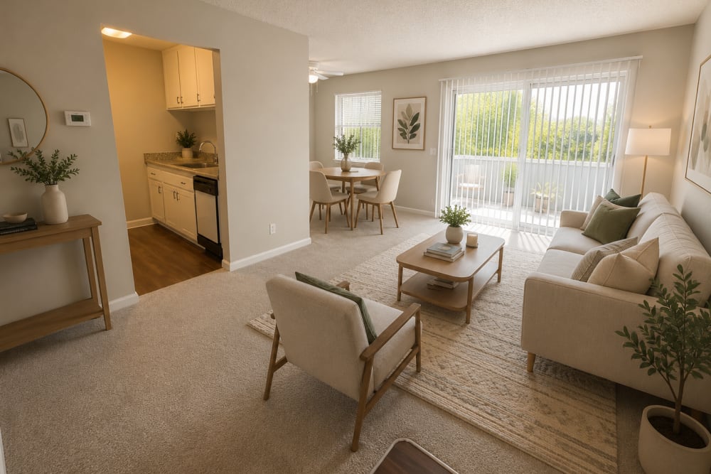Open living and dining area with carpet, seating, and kitchen view with natural light at The Everette in Rocklin, California