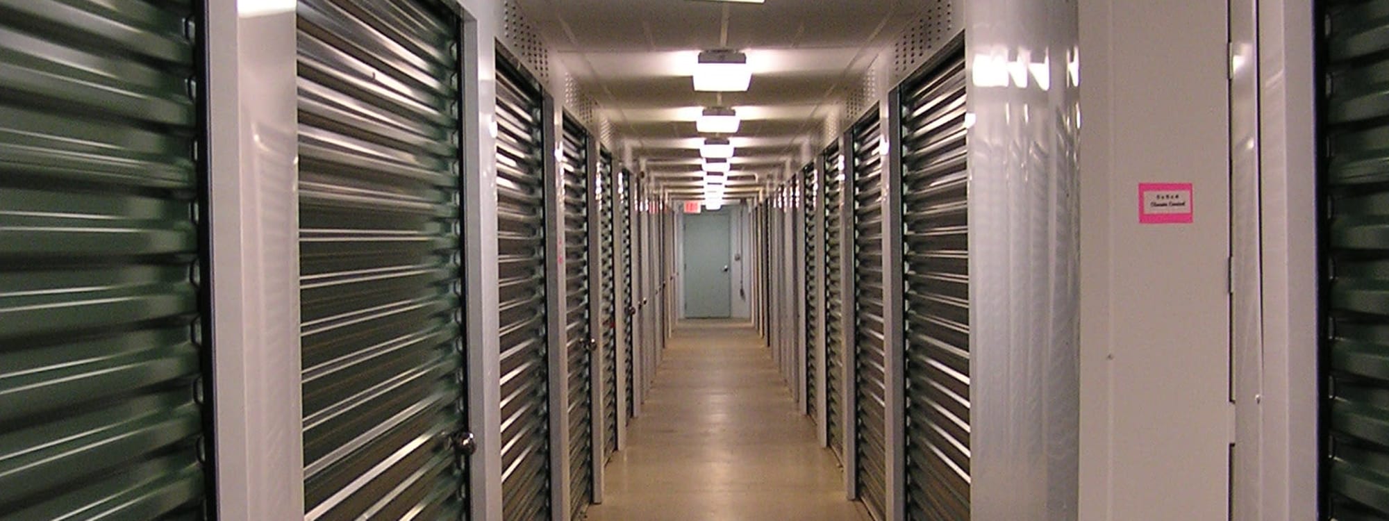 Hallway of indoor storage units at Coventry Self Storage in Coventry, Connecticut