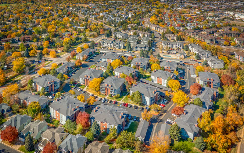 An aerial view of the property at Arapahoe Club Apartments in Denver, Colorado