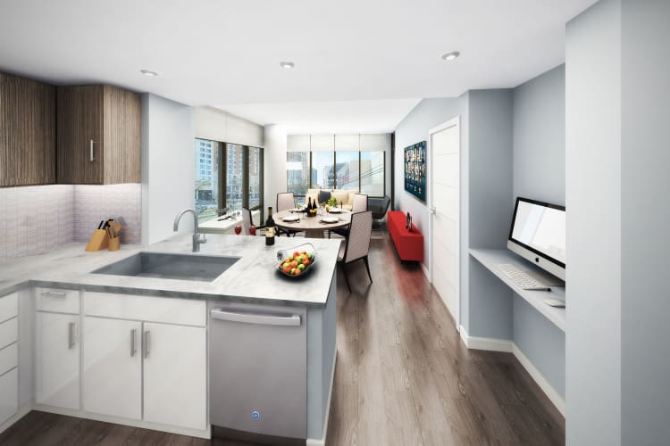Long view of open-concept floor plan in luxury apartment home at Gallery Bethesda II in Bethesda, MD
