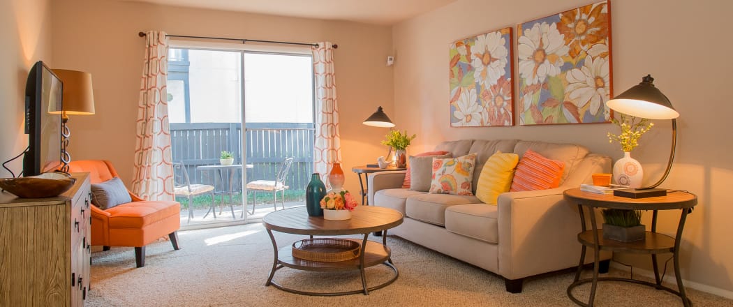 Spacious living room at Barcelona Apartments in Tulsa, Oklahoma