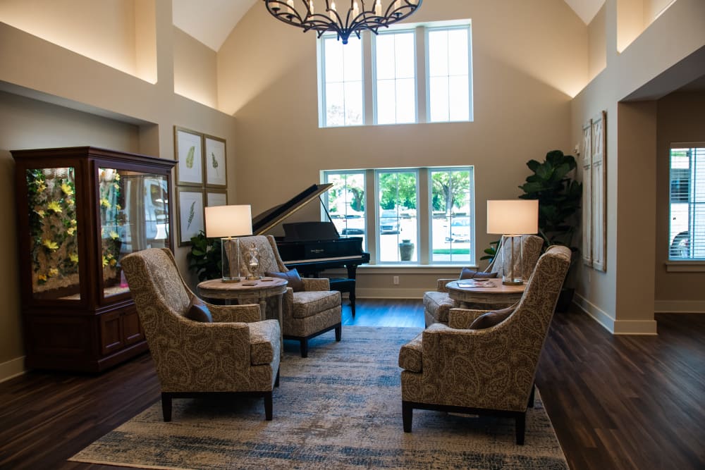 Inviting entrance lobby with comfortable seating at Westminster Memory Care in Lexington, South Carolina