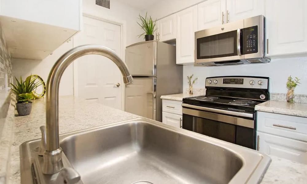 A stainless-steel sink and appliances in an apartment kitchen at The Granite at Porpoise Bay in Daytona Beach, Florida