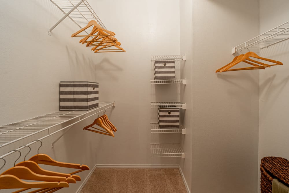 Walk in closet with closet organizer at Marquis at Bellaire Ranch in Fort Worth, Texas