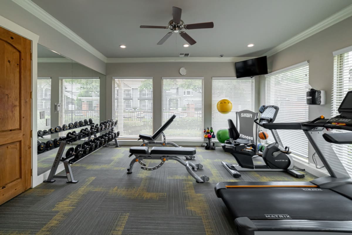 Fully equipped fitness center at Marquis at Lantana in Flower Mound, Texas