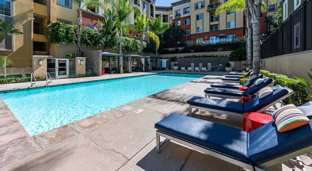 Serene swimming pool closeup at The Boulevard Apartment Homes in Woodland Hills, California