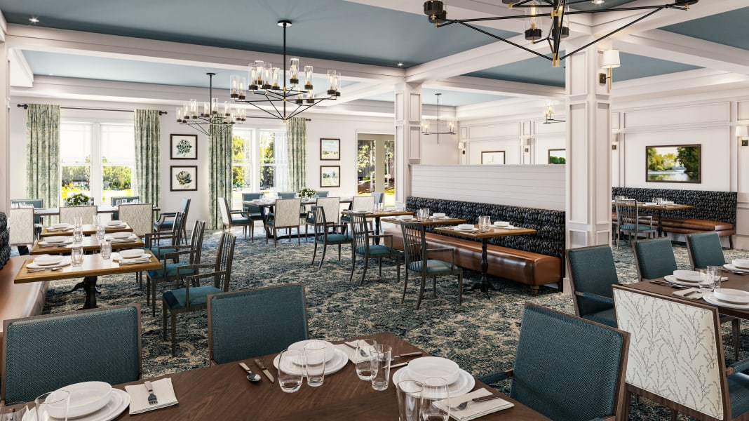 Dining room with a fancy chandelier at Monark Grove Madison in Madison, Alabama