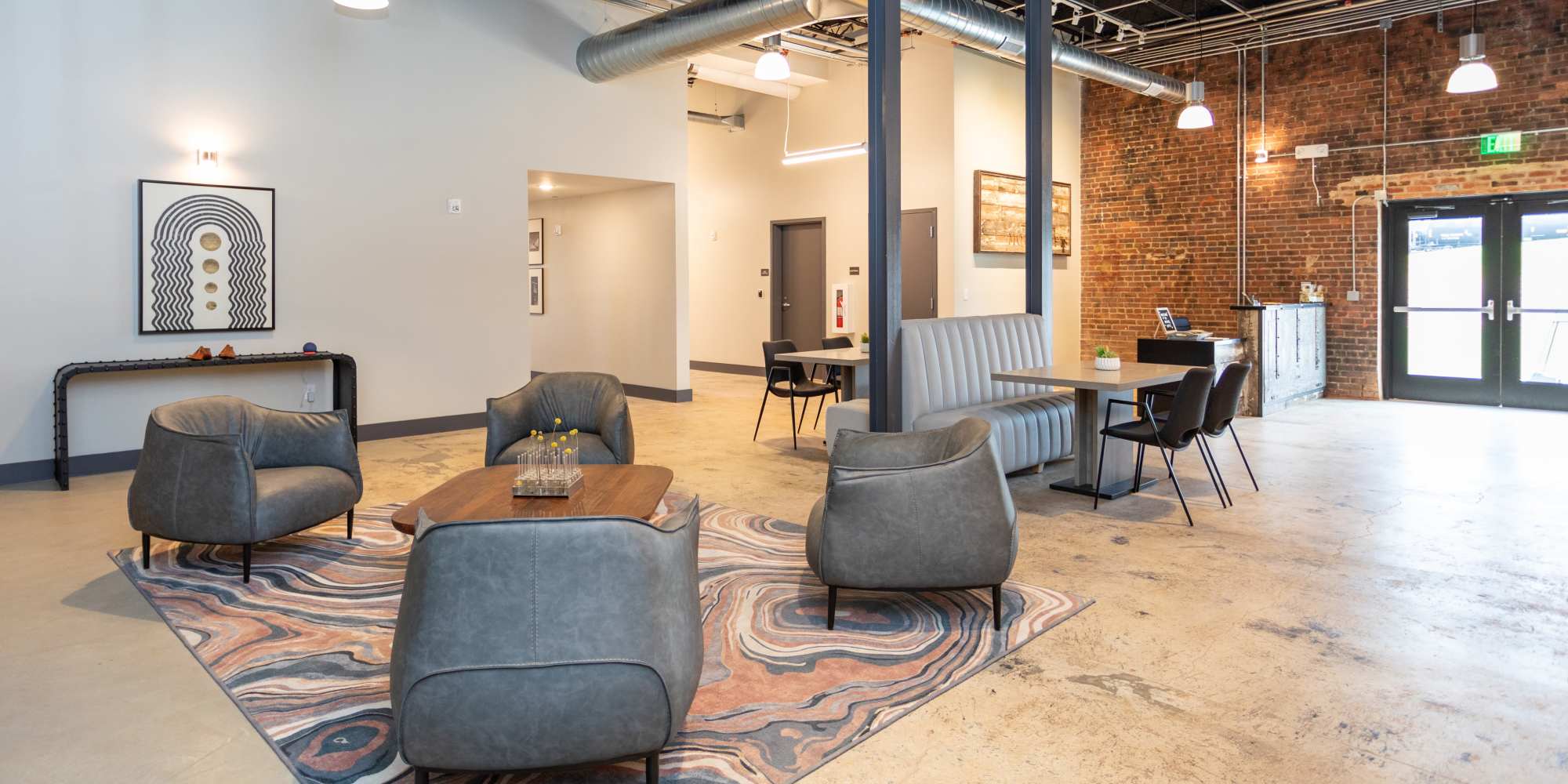 Lobby seating area at Mojud Lofts in Greensboro, North Carolina