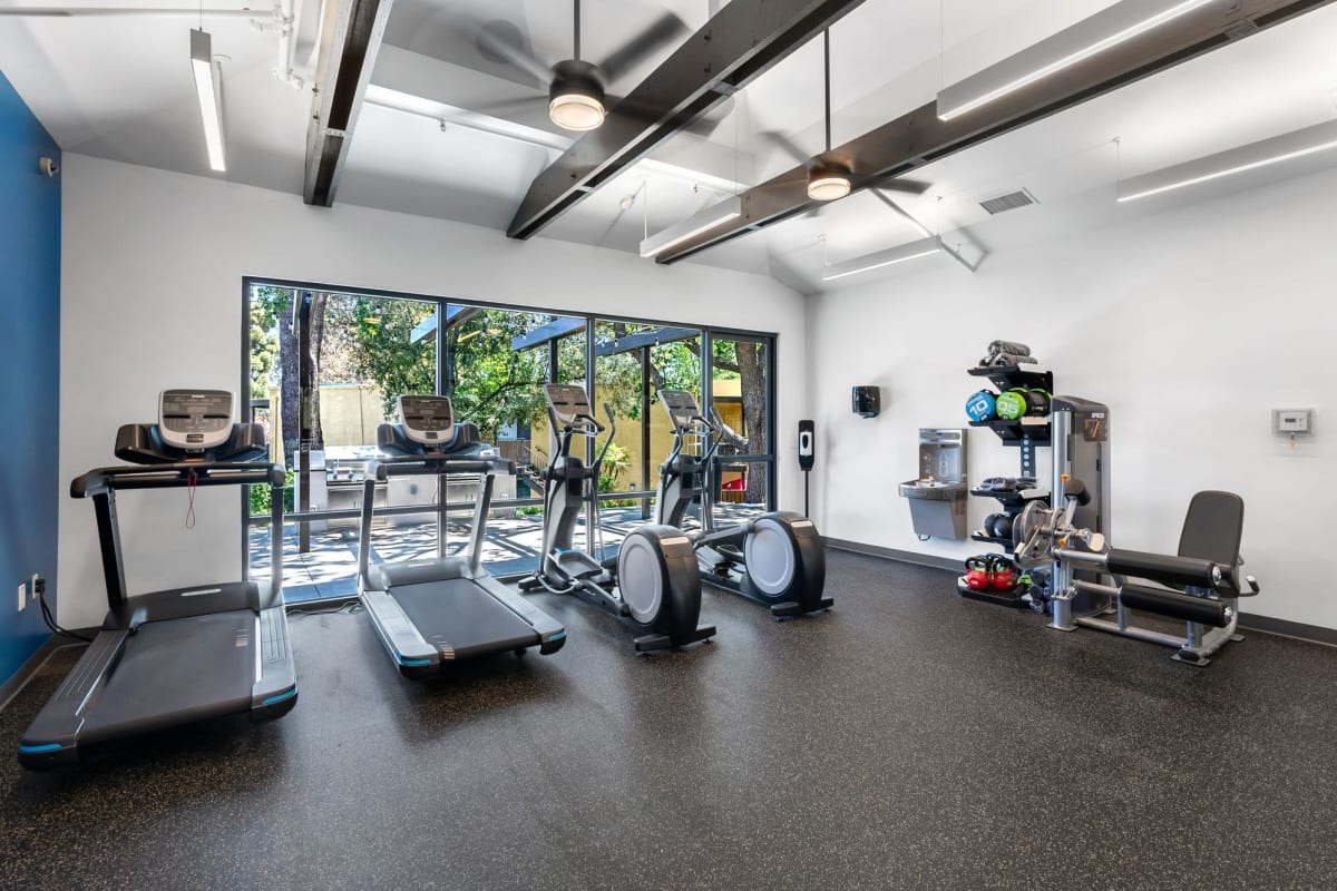 Well equipped fitness center at Los Robles Apartments, Thousand Oaks, California