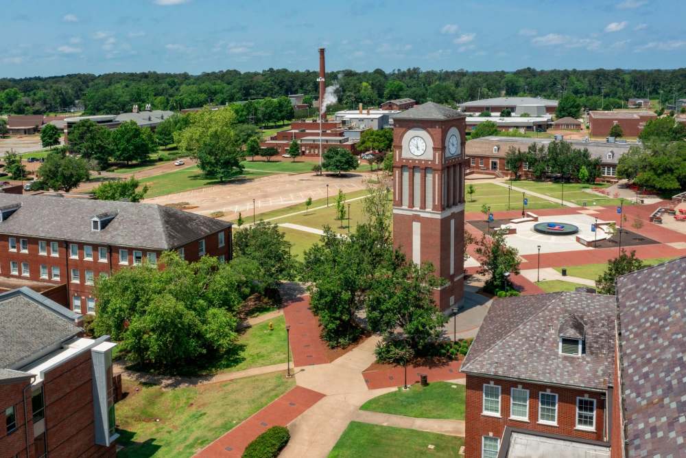 Community gathering space with clock tower at Russ Town Crossing in Ruston, Louisiana