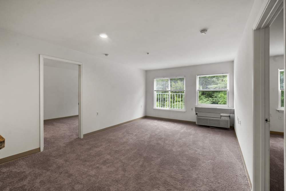 living room with two large windows at Pin Oak Village in Bowie, Maryland