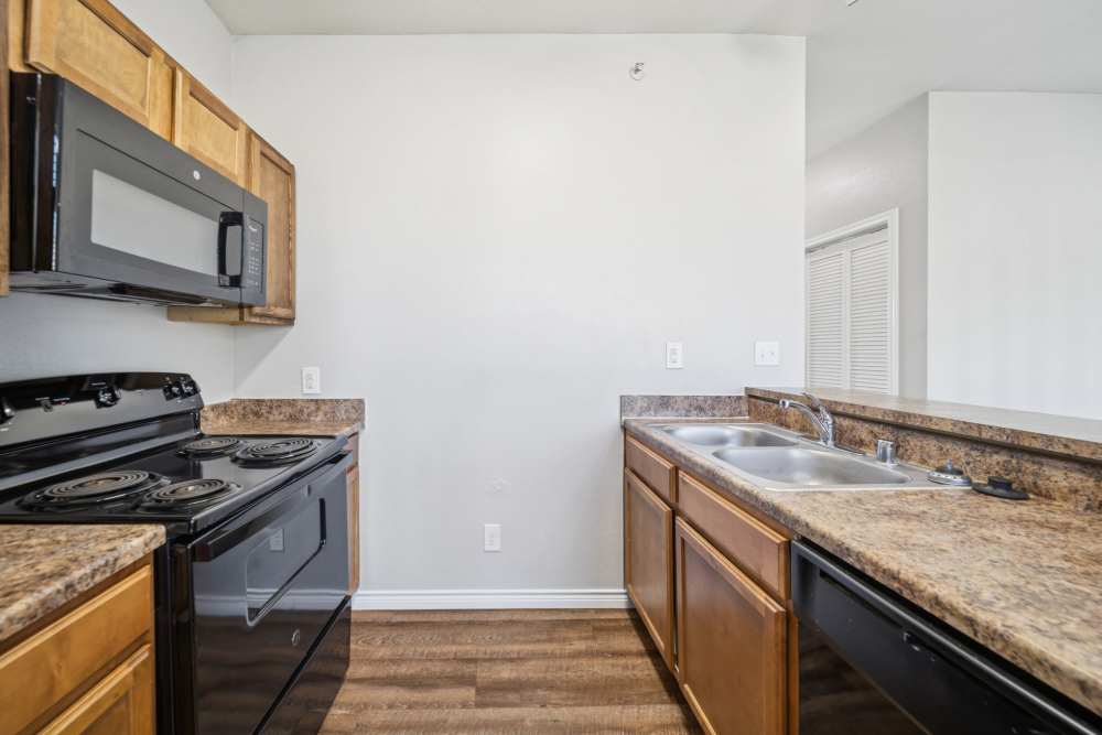 Modern kitchen with black appliances at Village at Carlsbad in Carlsbad, New Mexico