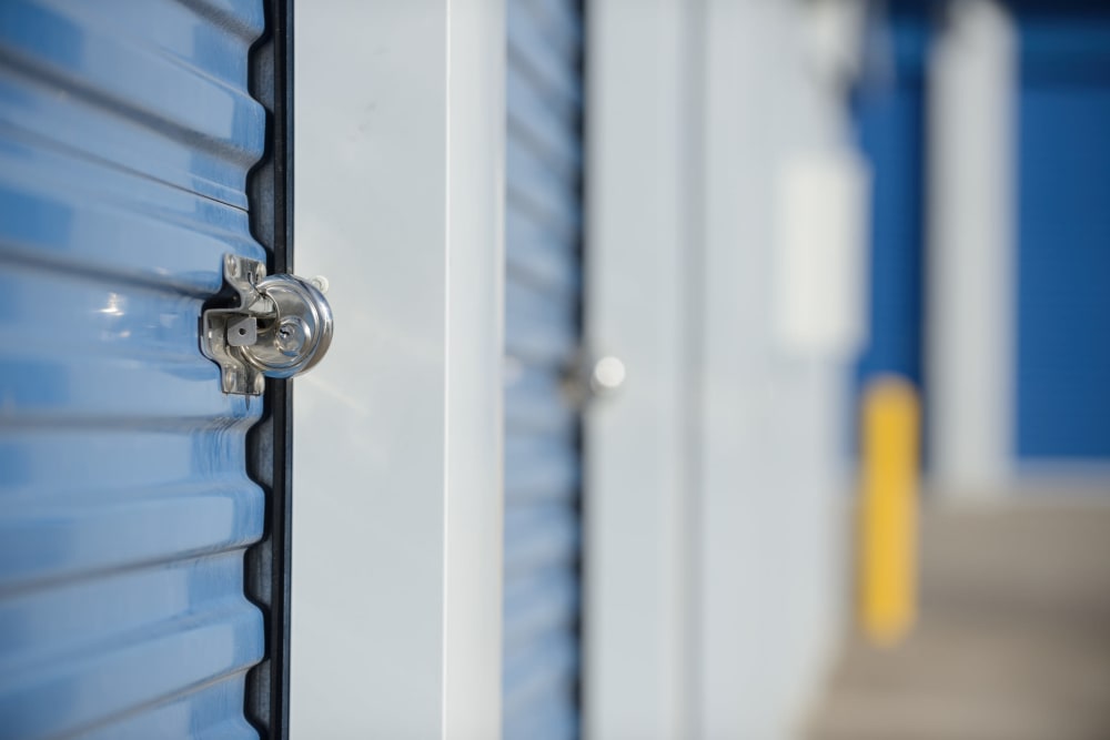 Blue doors on storage units at A-American Self Storage