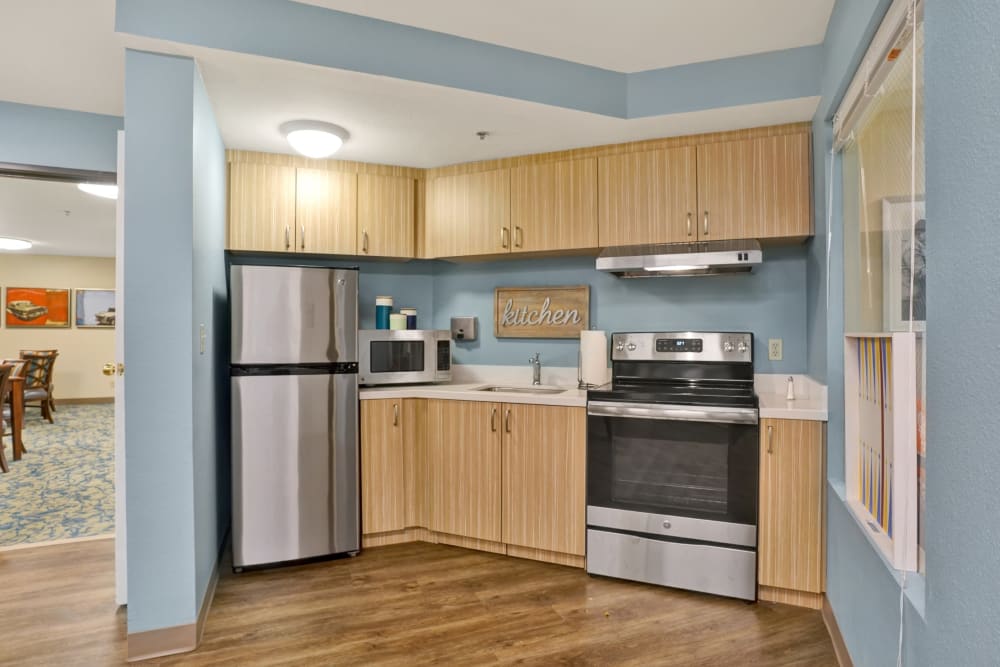 Kitchen in senor living apartment at Mountlake Terrace Plaza in Mountlake Terrace, Washington