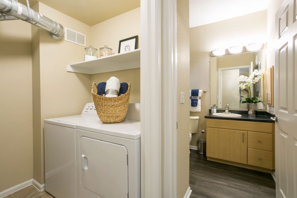 An apartment laundry room at Crestone Apartments in Aurora, Colorado