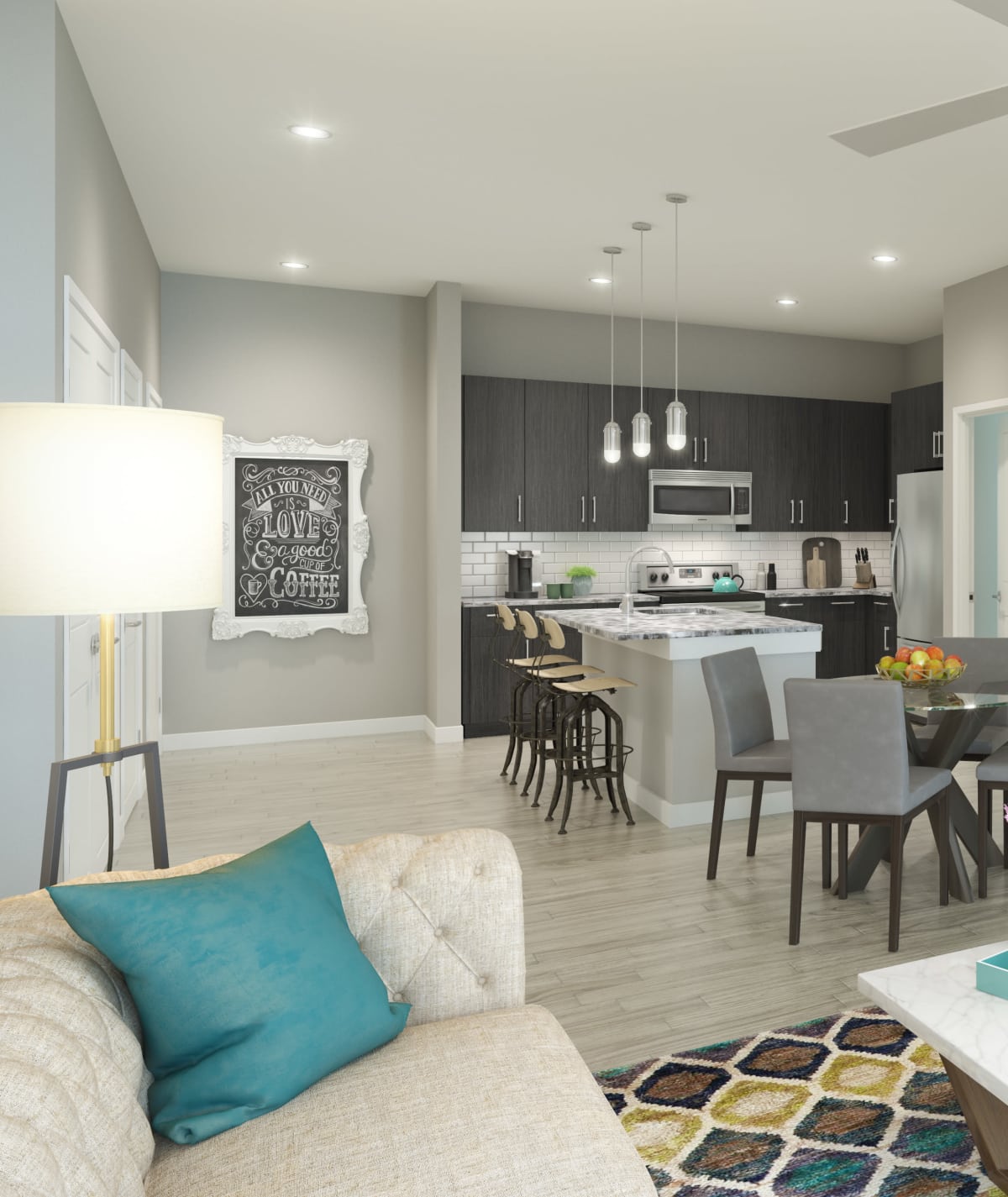 Rendering of the inside of a model unit at Alta Warp + Weft in Charlotte, North Carolina