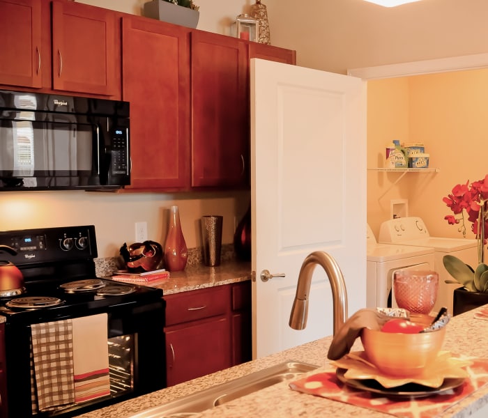 Modern kitchen with black appliances and granite countertops at Cantare at Indian Lake Village in Hendersonville, TN
